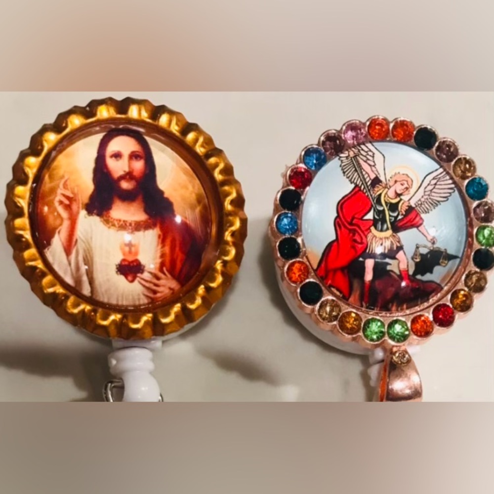 Jesus + Angel Saint Michael HEALER of Sick Nurse ID Badge Reel Holders Swivel